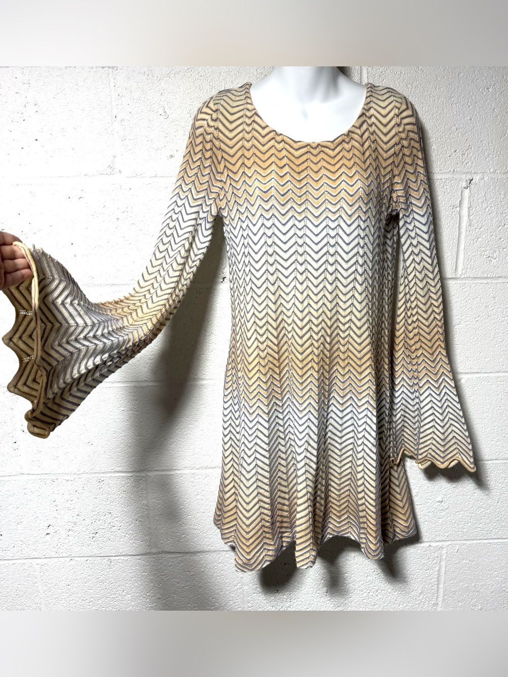 Free People Bella Jumper Long Bell Sleeve Dress Zigzag Stripe Boho Festival - Picture 2 of 9